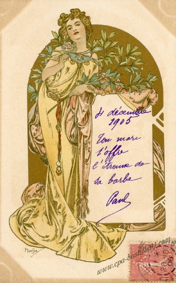 MUCHA . MENU. FEMME AU COLLIER DE FEUILLAGE