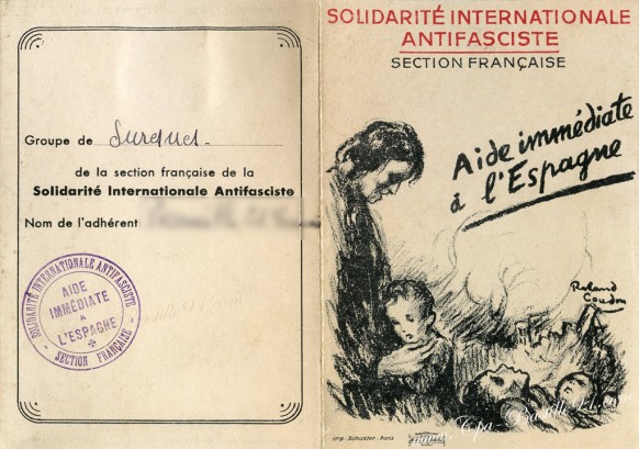 Section Française de la Solidarité Internationale Antifasciste-Carte d'adhérent de 1938