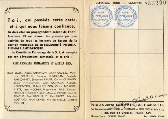 Section Française de la Soladarité Internationale Antifasciste-Carte d'adhérent de 1938verso