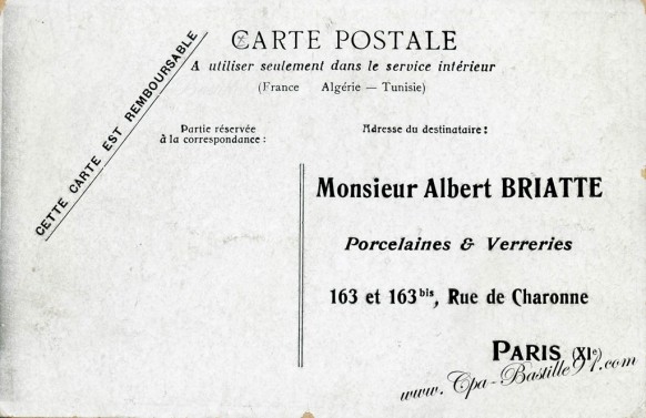 carte postale ancienne-verso -albert briatte-porcelaine et verreries