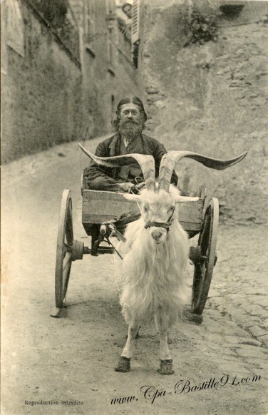 Carte postale de Dinan - Un mendiant sur une charrette tirée par une chèvre 