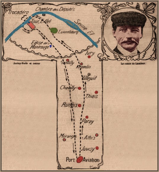 plan de vol du Comte Lambert - Raid du 18 Octobre 1909