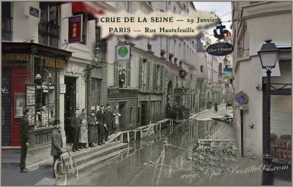 Crue-de-la-Seine-de-1910-rue-Hautefeuille-dhier-a-aujourdhui