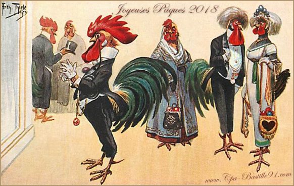 Joyeuses Pâques 2018 avec cette carte Postale Ancienne de Coqs et de Poules 